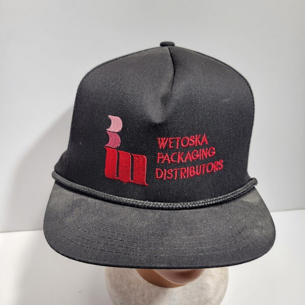 Vintage Wetoska Packaging Distributors Black Strapback Cap Hat
